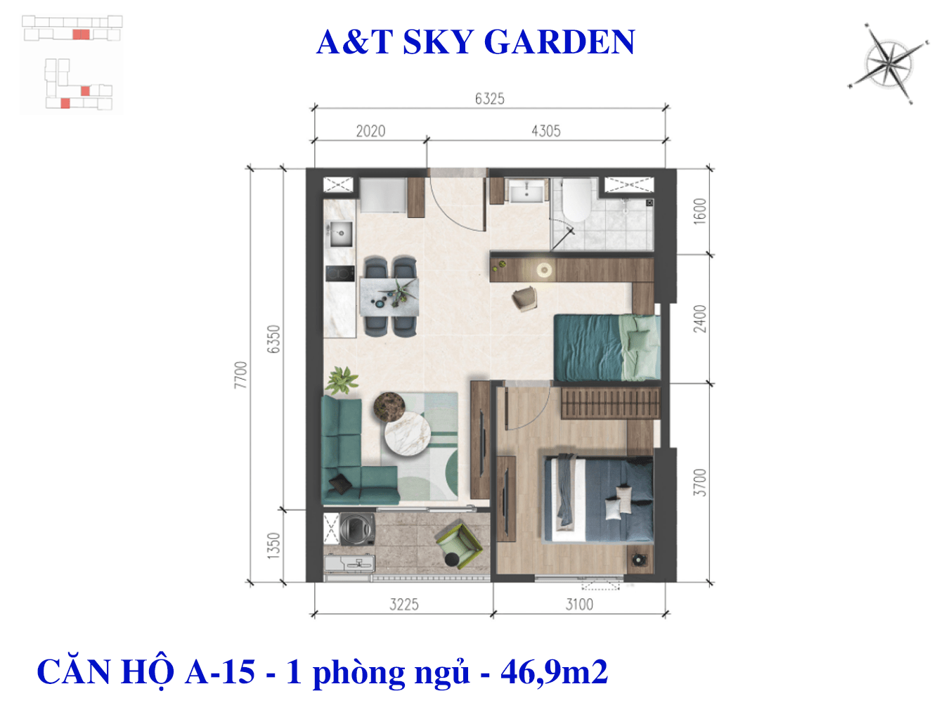 Mặt bằng căn hộ A&T Sky Garden 1PN