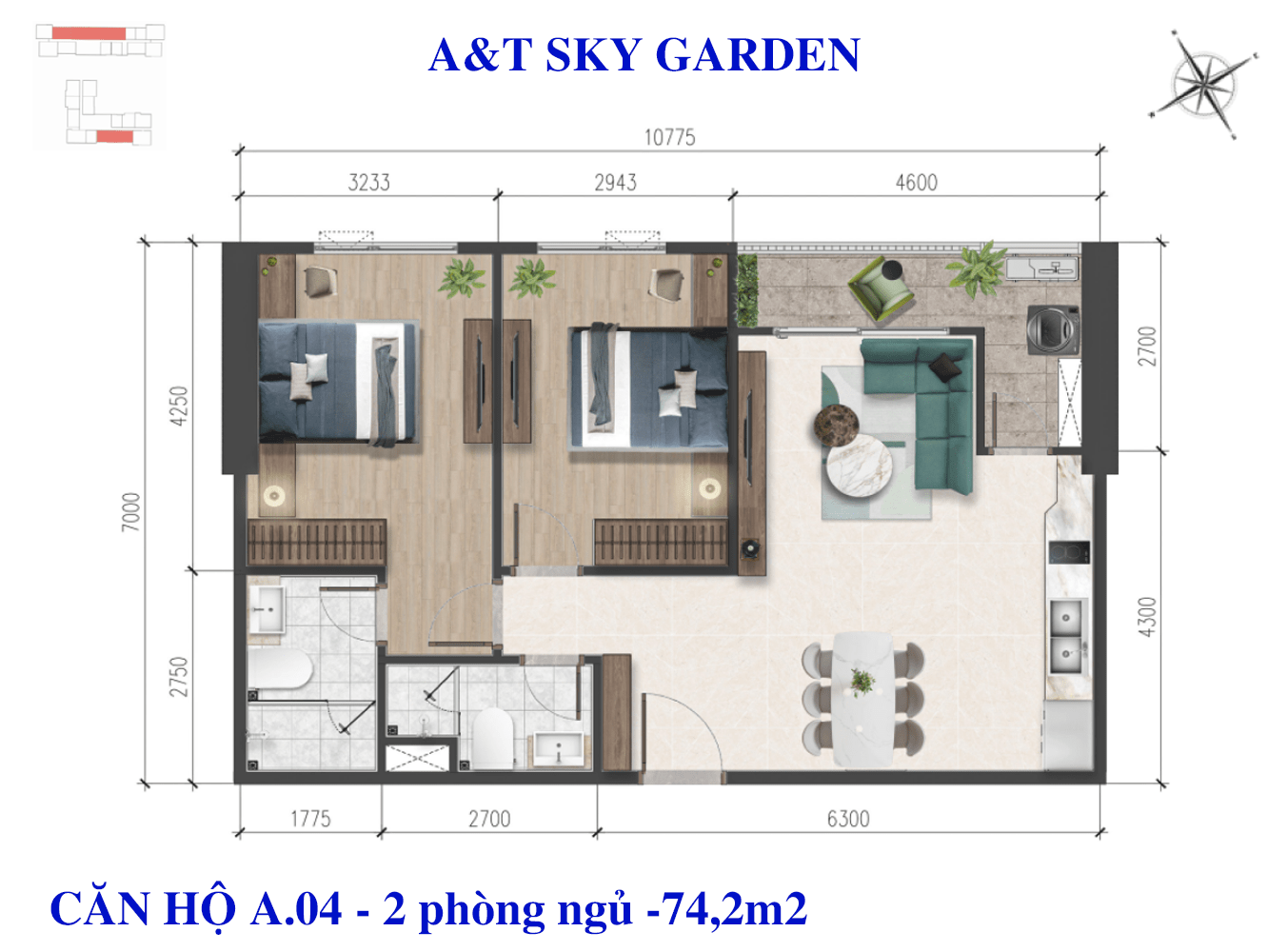 Mặt bằng căn hộ A&T Sky Garden 2PN